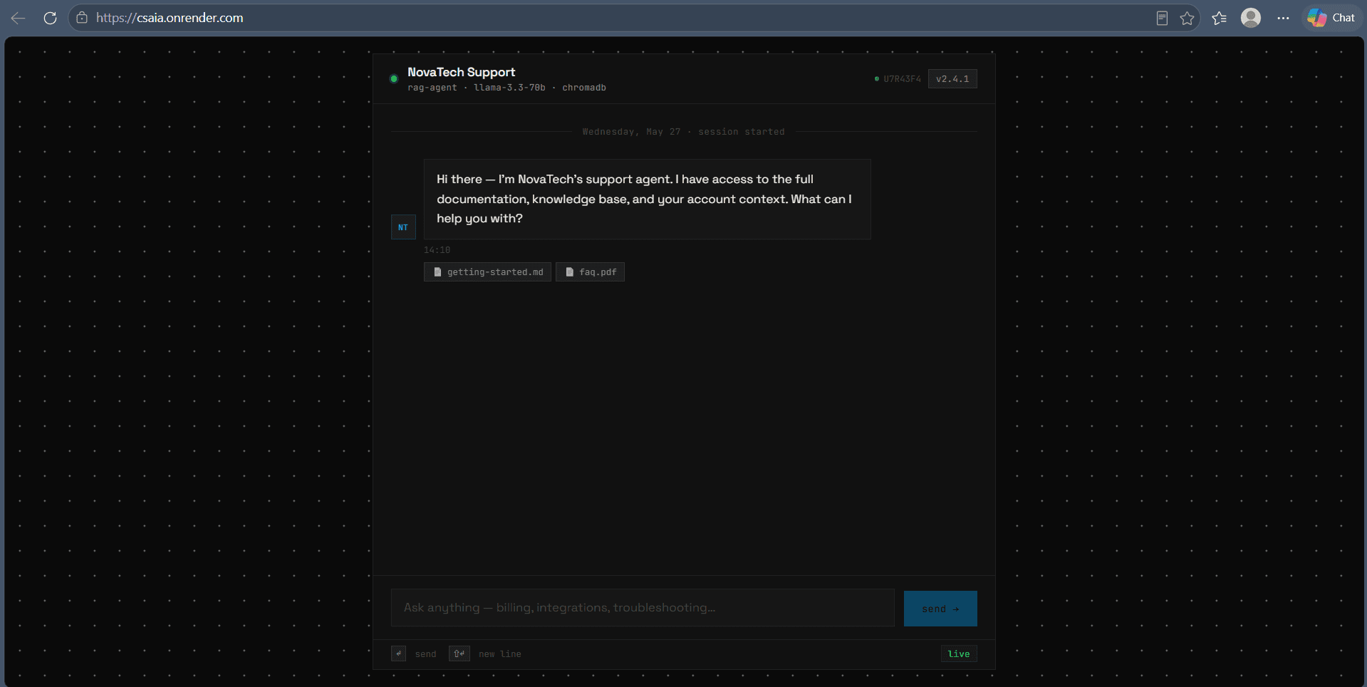 Portfolio-themed chat interface — idle state, ready to receive a message