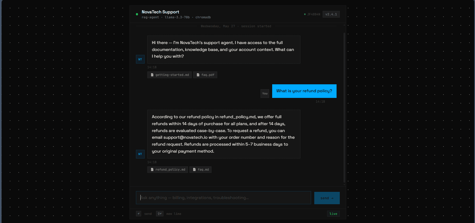RAG answer citing the source policy document — refund question