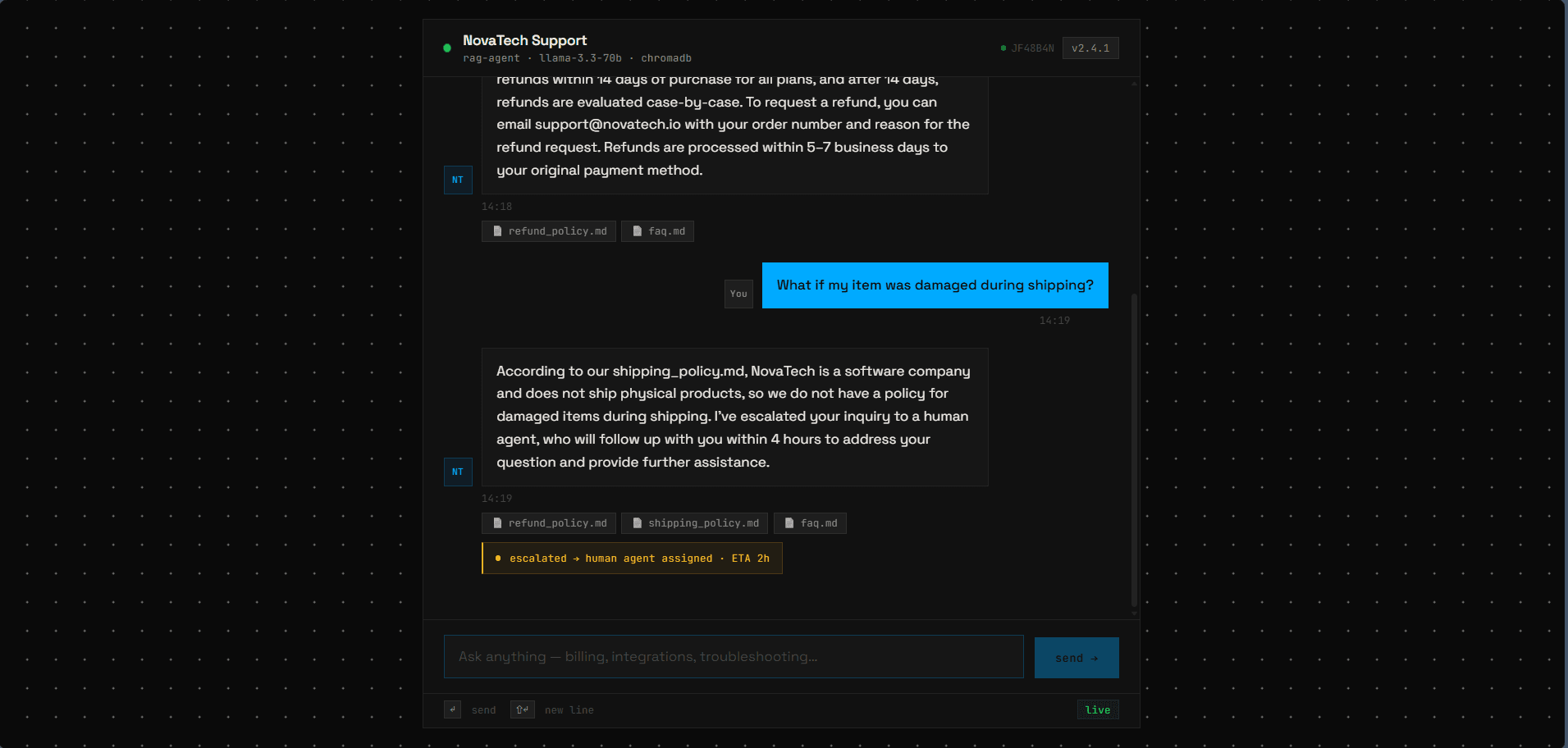 Multi-turn conversation with source attribution — shipping query