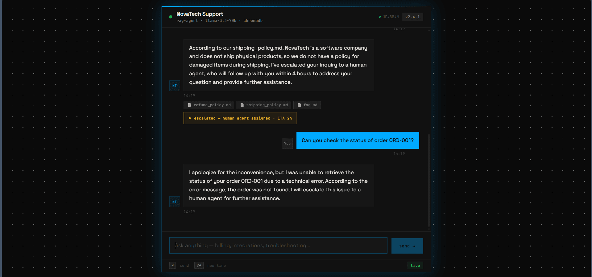 Live order status lookup via the Airtable tool