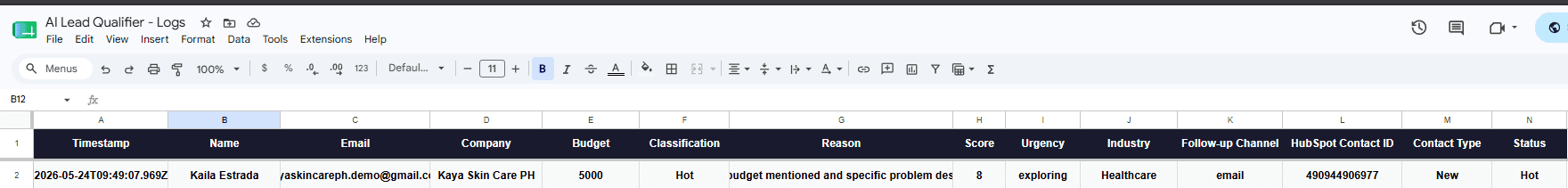 Google Sheets audit log of every classified lead