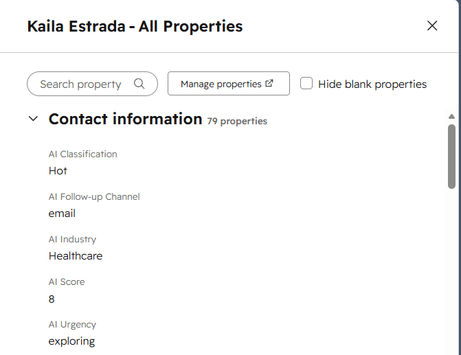 HubSpot contact record auto-created from the pipeline