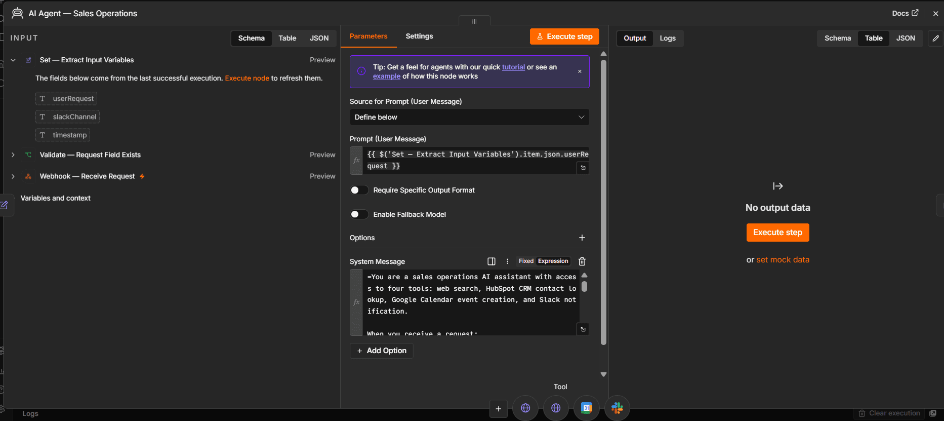 AI Agent node config — prompt source, expressions, and the connected tool slots