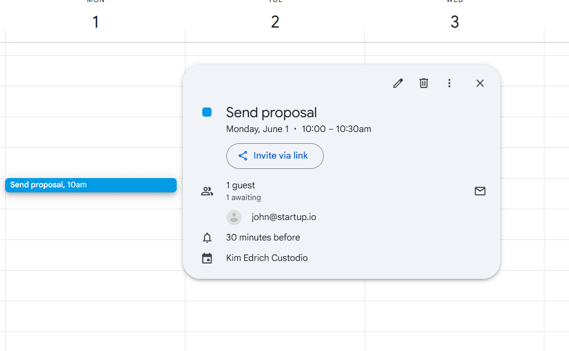 Calendar event "Send proposal" — Mon Jun 1, 10:00–10:30 AM with attendee. NL→ISO 8601 in action.