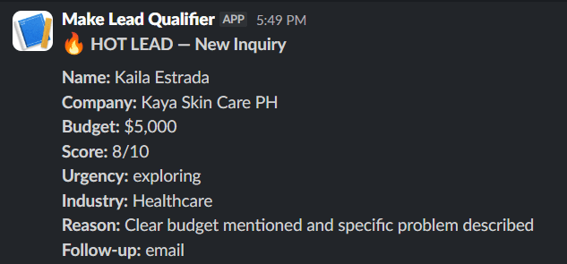 Real-time Slack alert with lead context